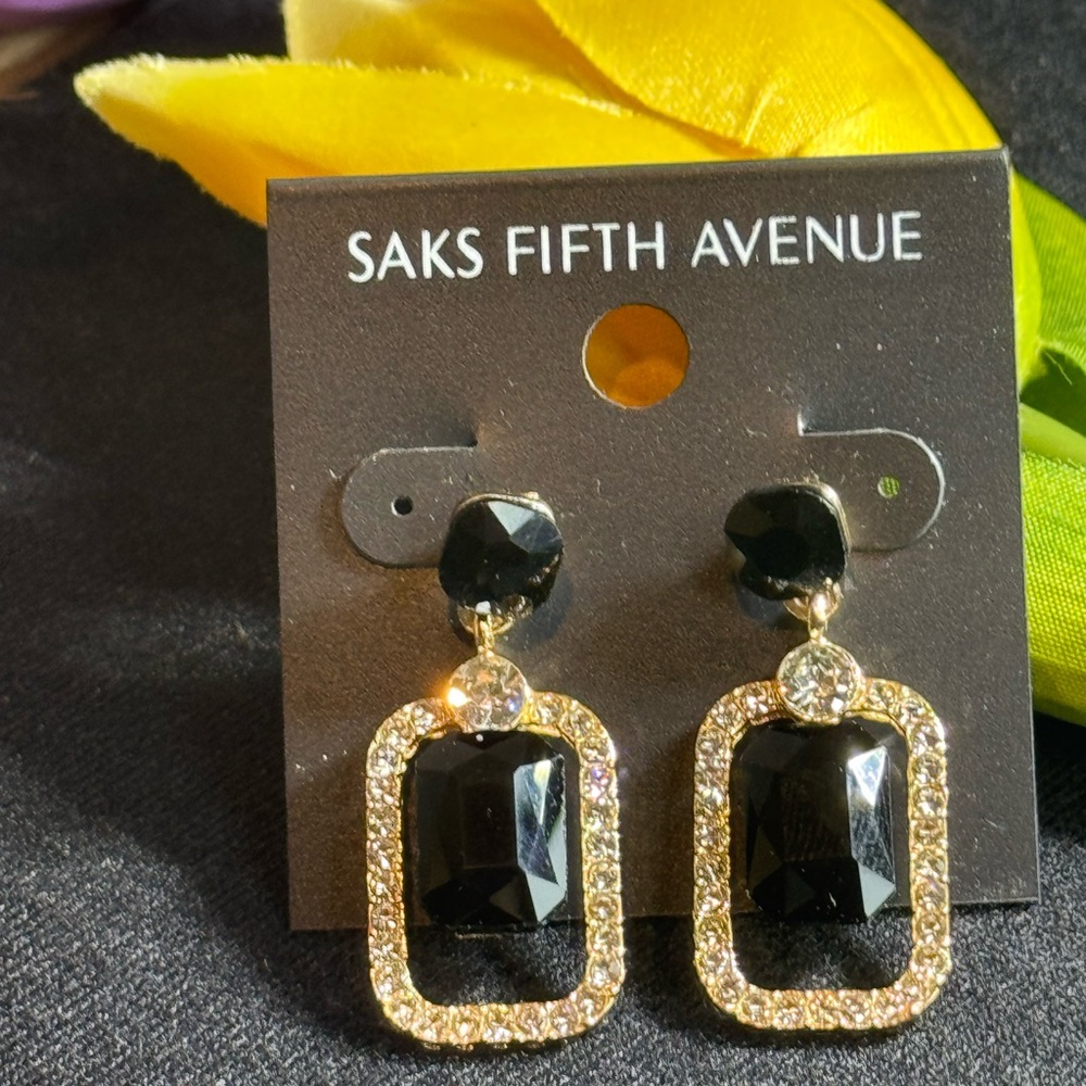 Saks Fifth Avenue Black Crystal Gold Statement Earrings 1.5in